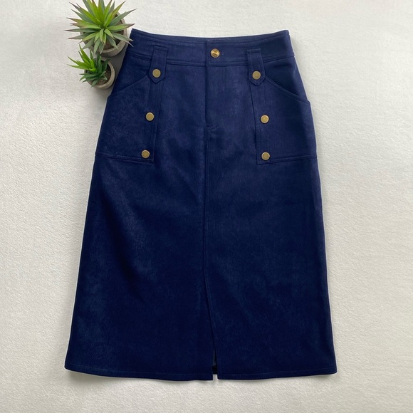 Vee Dresses & Skirts - Vee International Brand Corduroy Button Detailed Lined Midi Skirt (Navy/Gold)